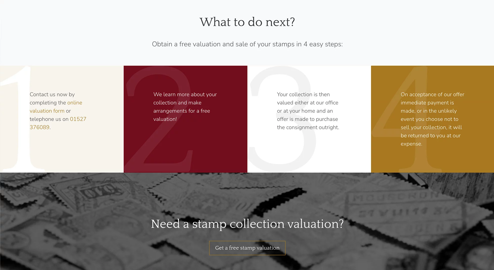 Stamp valuations website preview home page steps